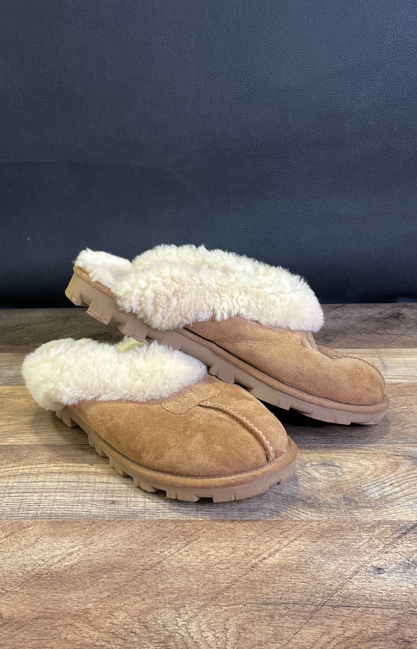 UGG Coquette Chestnut Suede Sheepskin Slippers Mules Women's Size 10