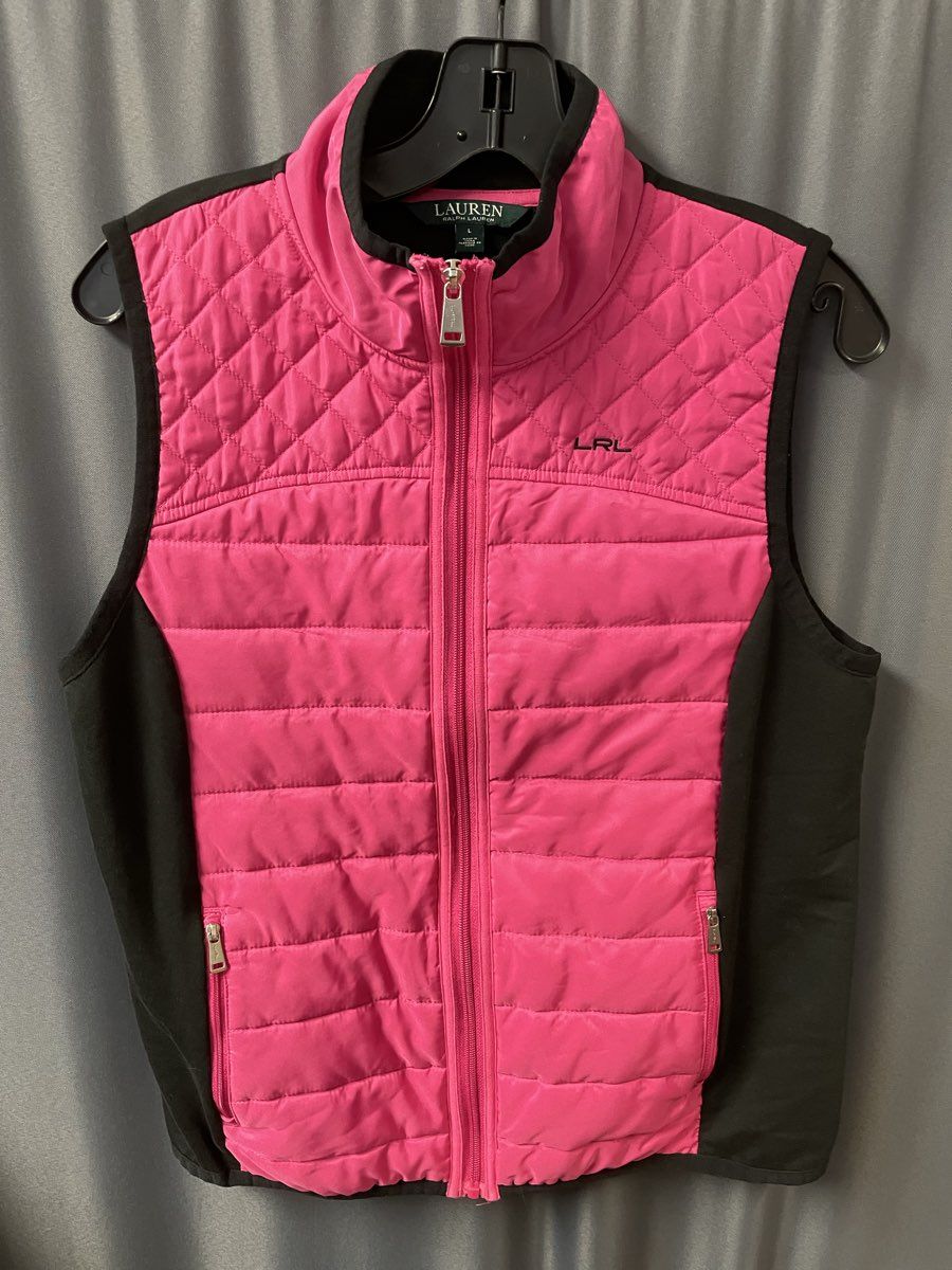 Lauren Ralph Lauren Active Women's Pink Black Quilted Mixed Media Puffer Vest L