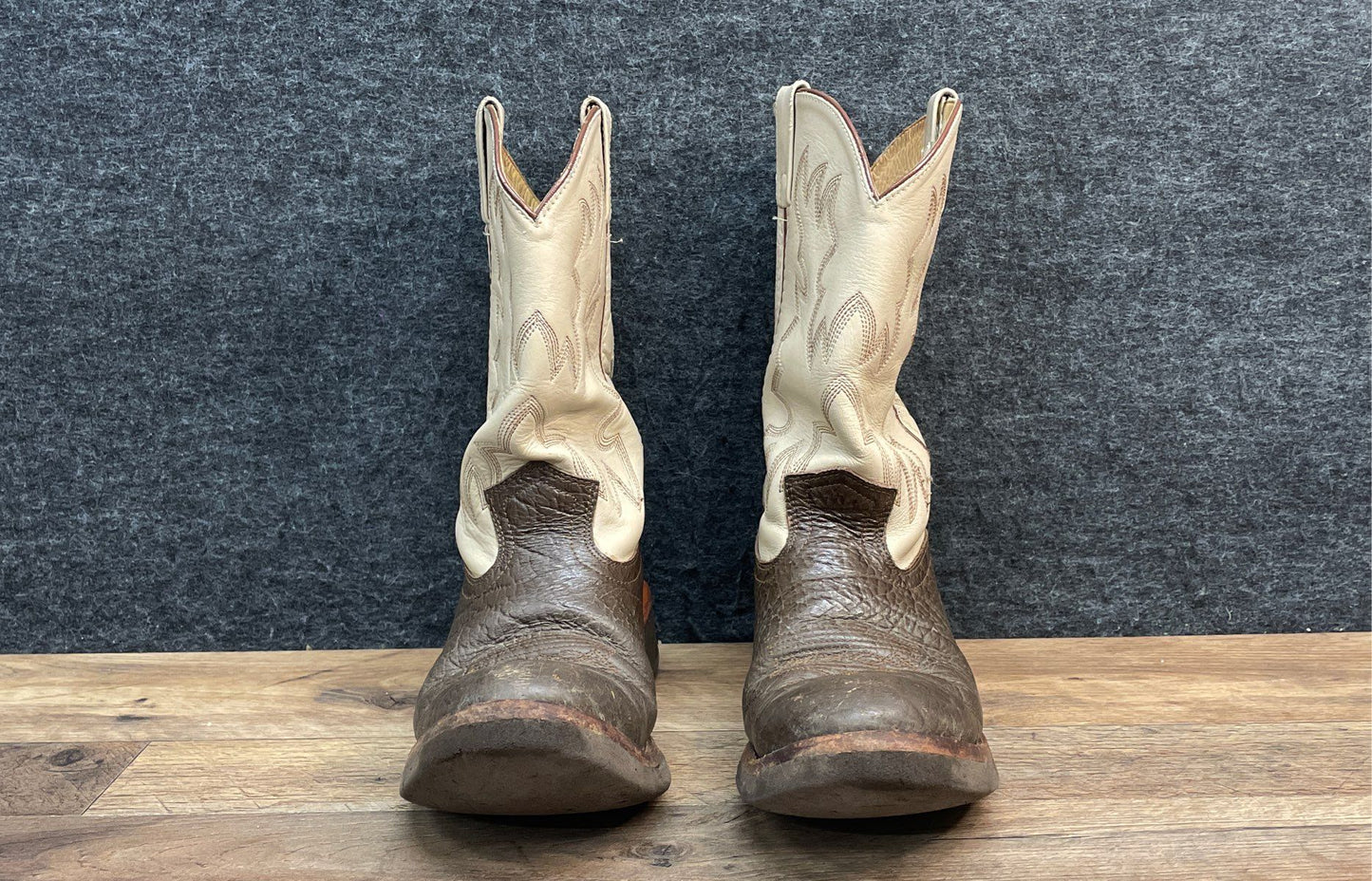 Two-Tone Leather Western Cowboy Boots Cream Brown Pebbled Vamp Men's Size 10
