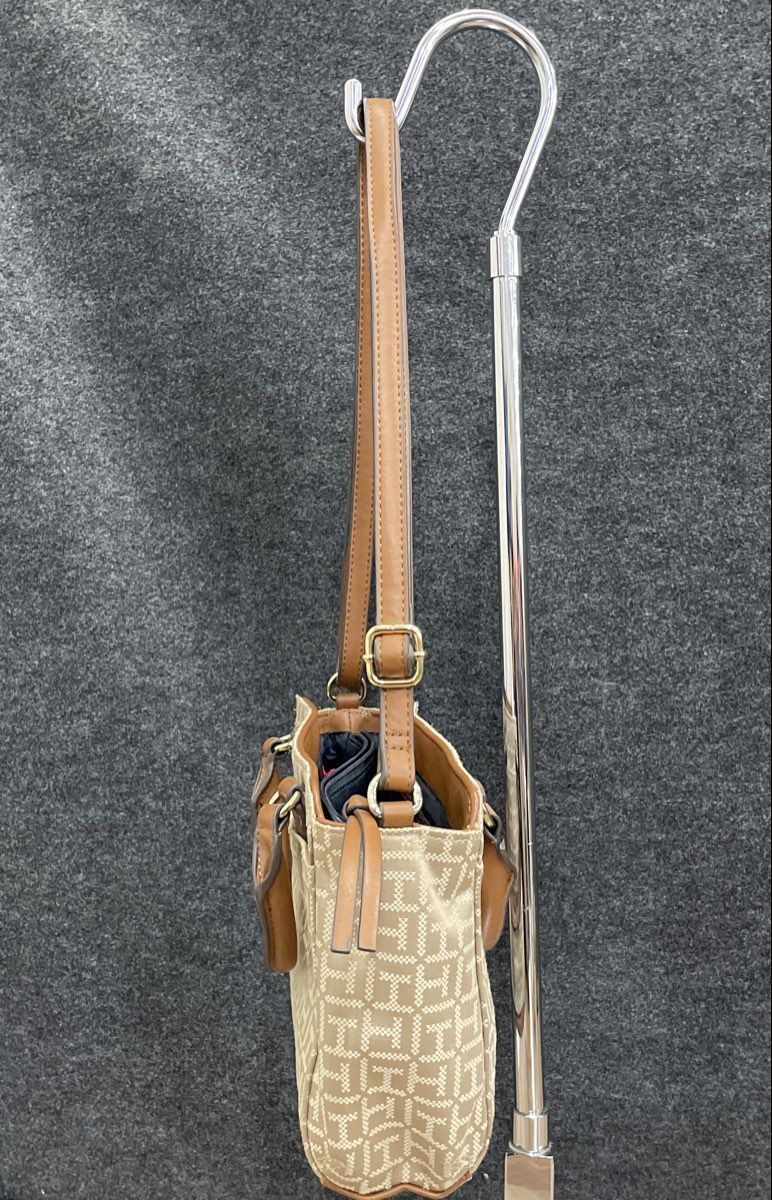 Tommy Hilfiger Cream Monogram Satchel Bag Brown Leather Trim Crossbody Purse