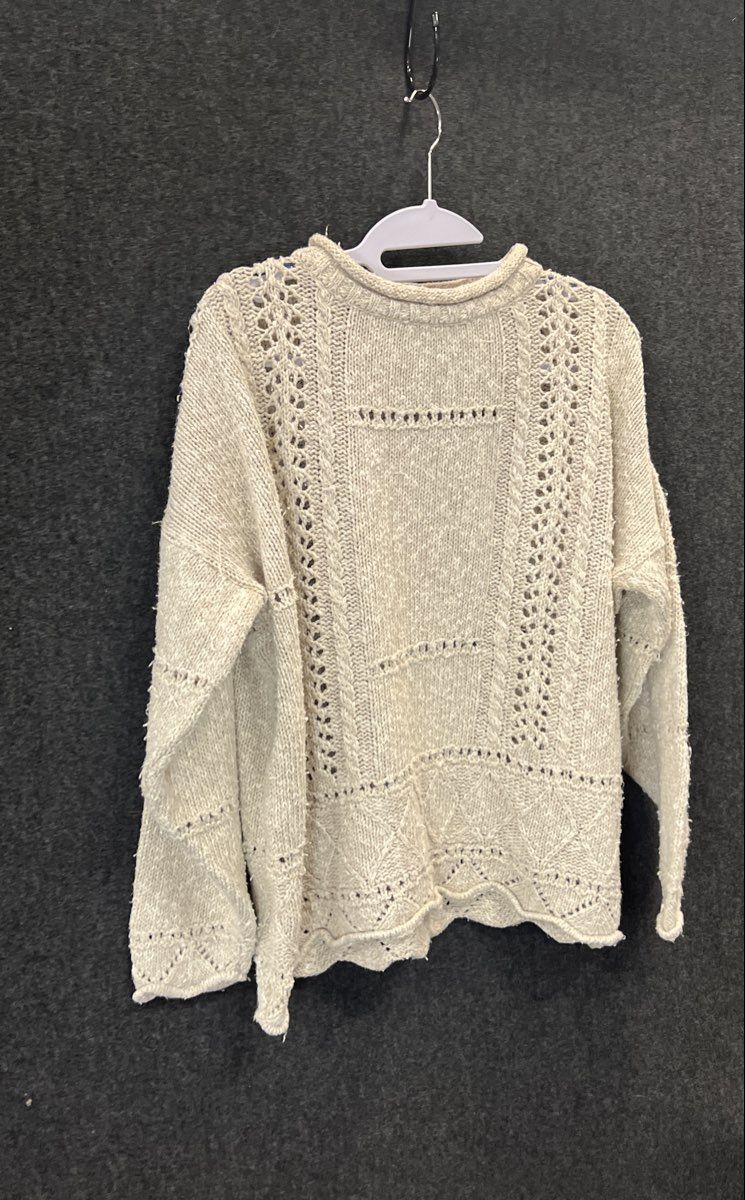 Tivoli Women's Vintage 90s Beige Pointelle Cable Knit Scalloped Sweater Sz M
