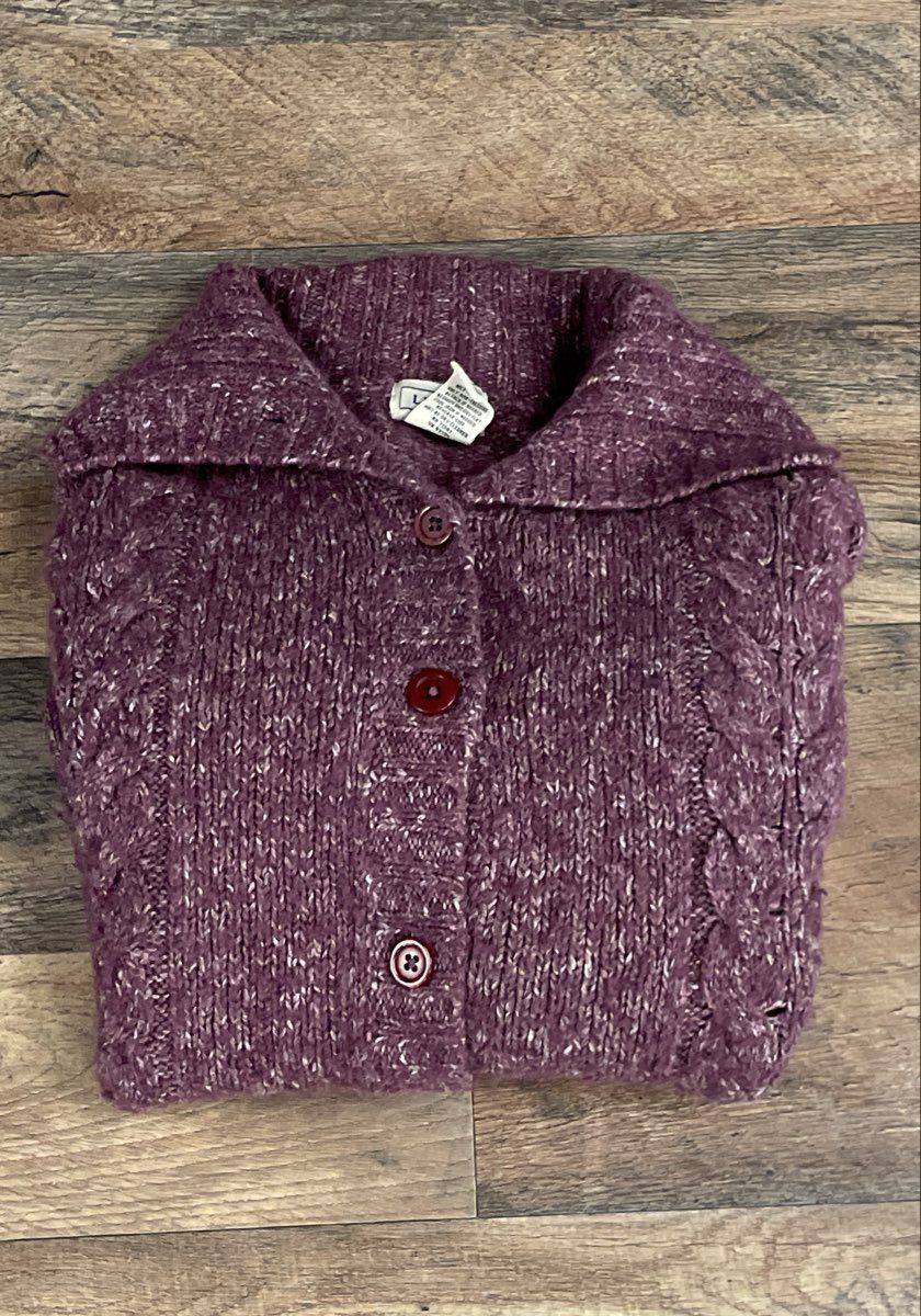 L.L. Bean Women's Cardigan Sweater Purple Marled Cable Knit Wool Blend Sz S