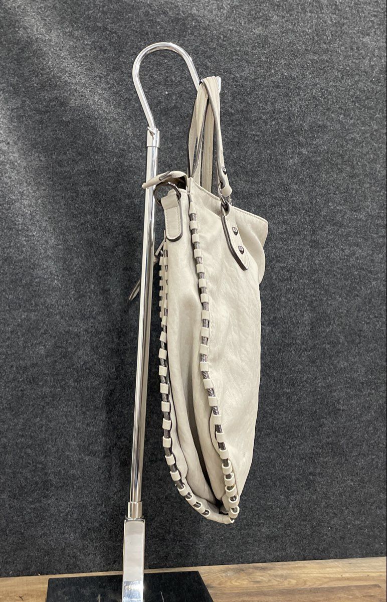 Jessica Simpson Grey Leather Shoulder Bag Hobo Purse Whipstitch Trim