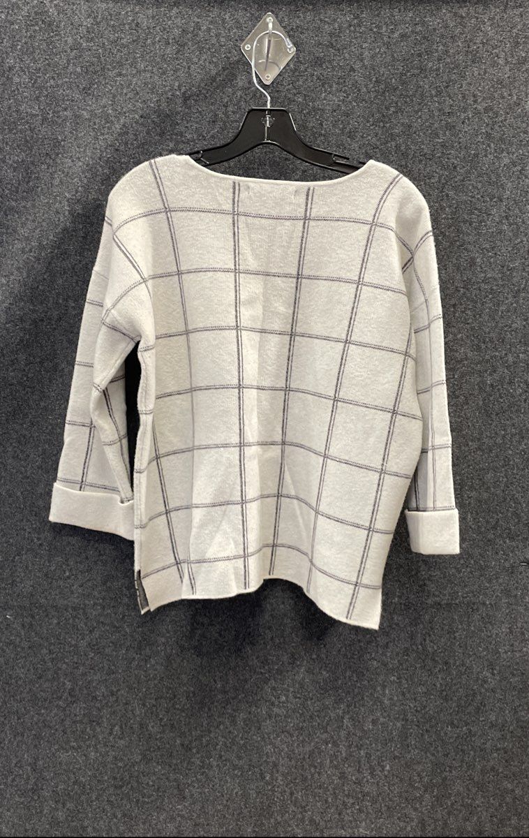 Tahari Women's White Windowpane Plaid Boat Neck 3/4 Sleeve Sweater Sz M