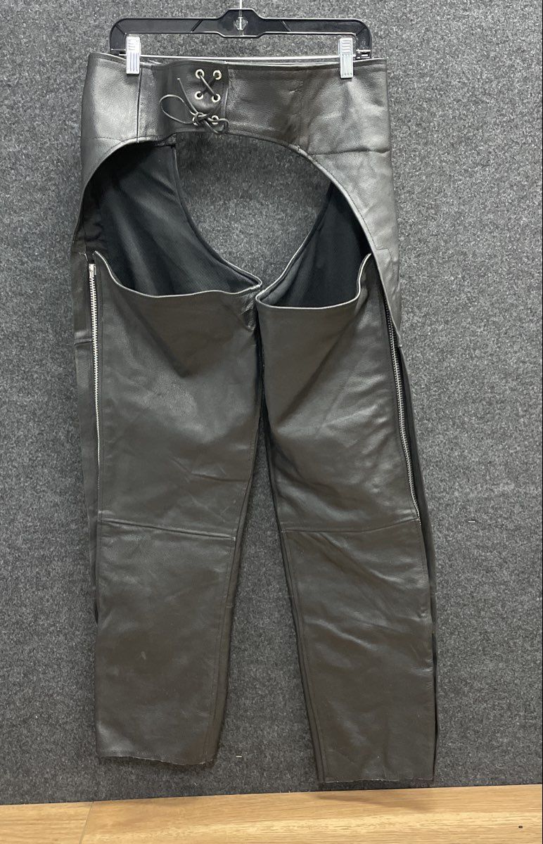 Vintage 90s Black Leather Motorcycle Biker Riding Chaps Buckle Lace Sz M
