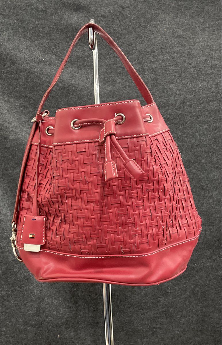 Tommy Hilfiger Red Woven Faux Leather Drawstring Bucket Bag Handbag