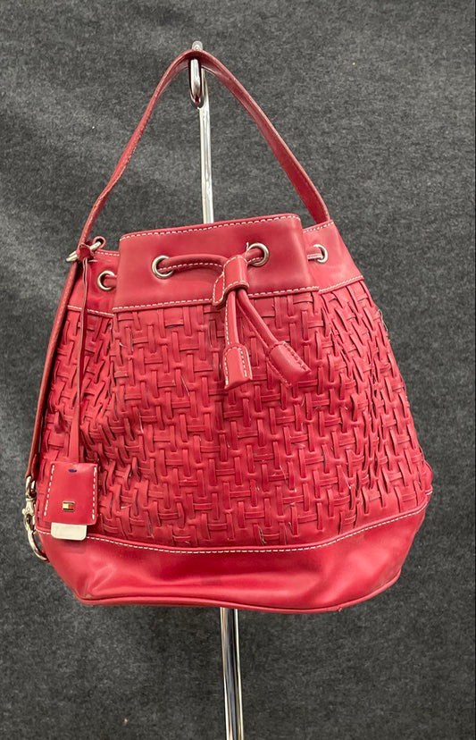 Tommy Hilfiger Red Woven Faux Leather Drawstring Bucket Bag Handbag