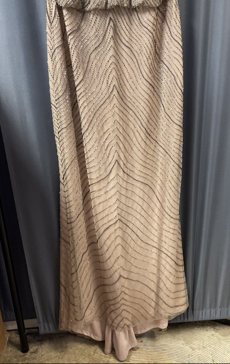 Adrianna Pappel Women's Tan Champagne Beaded Sequined Halter Gown Dress Sz 14P