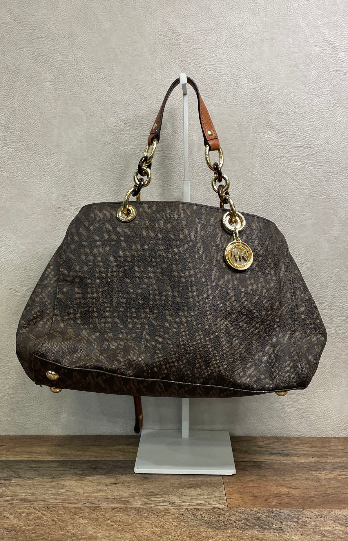 Michael Kors Cynthia Brown Monogram Chain Satchel Tote Crossbody Bag