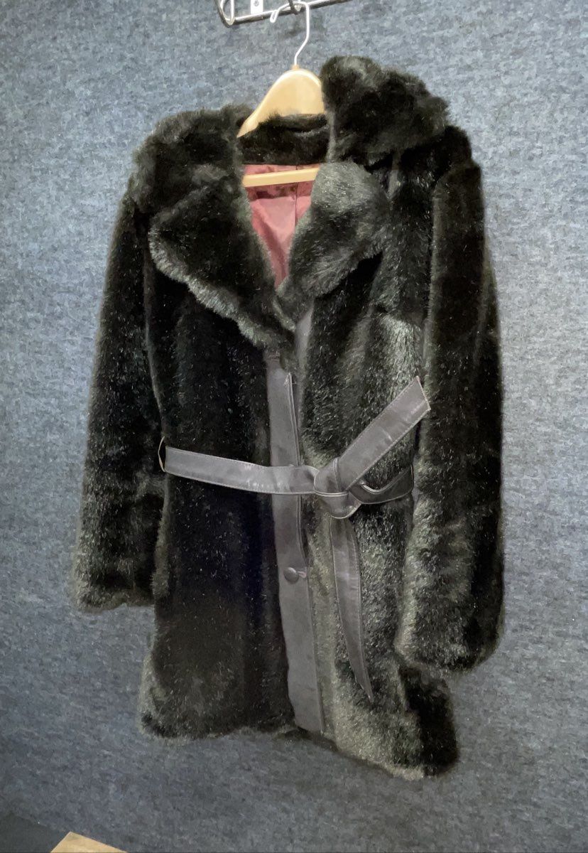 Vintage 80s Women's Dark Brown Faux Fur Belted Button Front Plush Coat Sz 16