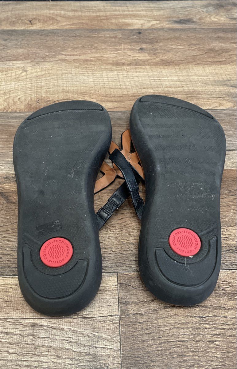 FitFlop Duocomff Black Leather Link Thong Sandals Women's Size 9