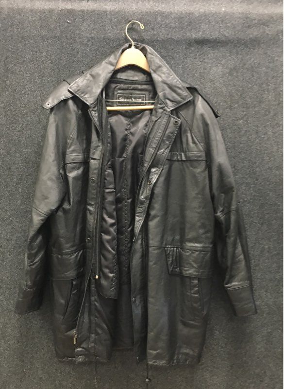 Seventh Avenue Men's Black Leather Hooded Parka Jacket Detachable Liner Sz XL