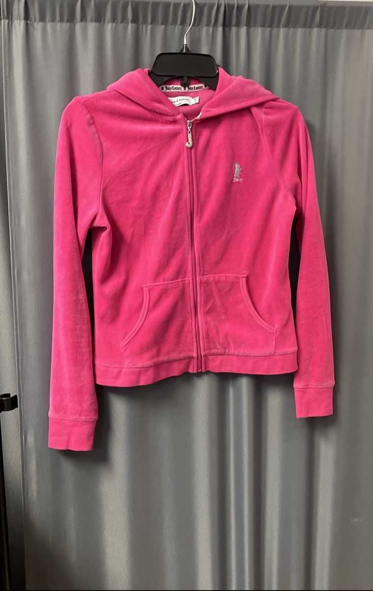 Juicy Couture Women's Pink Velour Zip-Up Hoodie Glitter Back Graphic Sz M