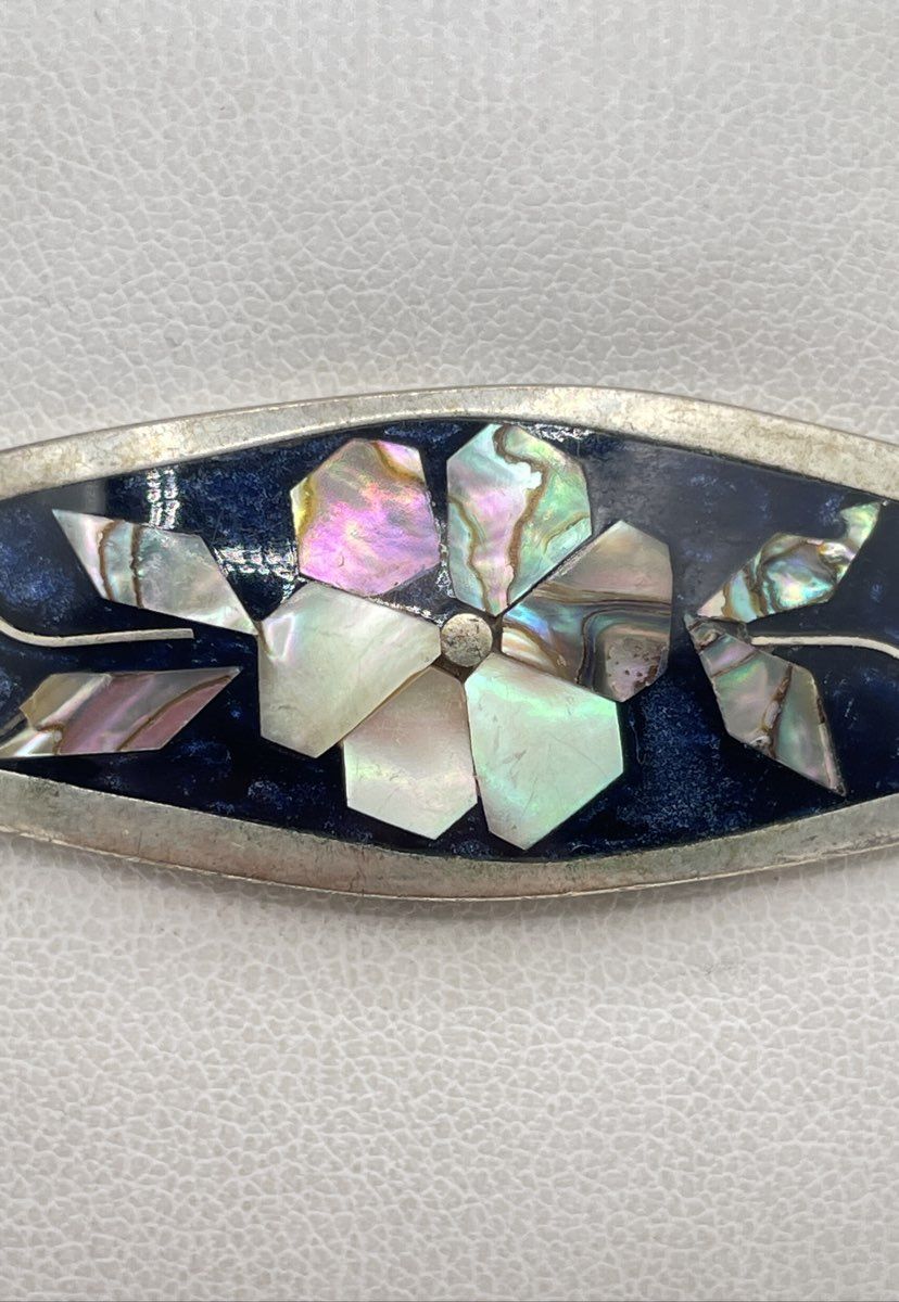 Alpaca Silver MOP Abalone Blue Resin Bangle Bracelet Mexico Marked 14.1g