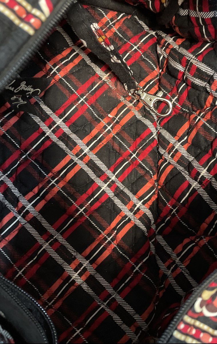 Vera Bradley Black Floral Quilted Cotton Satchel Handbag Red Plaid Lining
