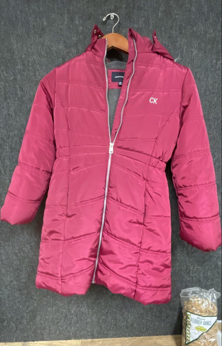 Calvin Klein Jeans Girls Berry Pink Puffer Jacket Faux Fur Hood Fleece Sz M 8/10