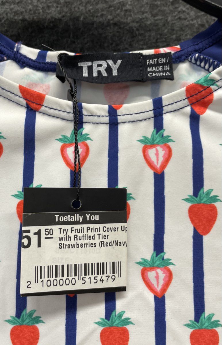 TRY Women's Strawberry Striped Ruffled Swim Cover Up Dress Red Navy Sz 18 NWT