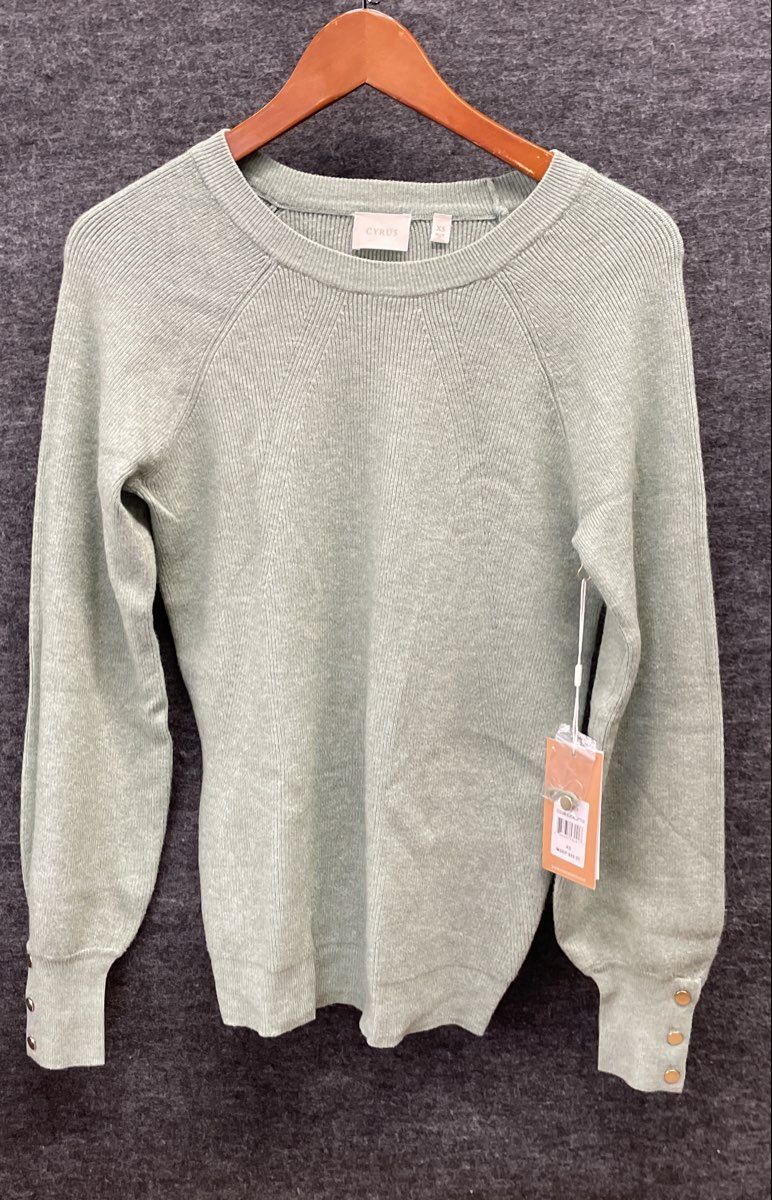 Cyrus Women's 2314 Eucalyptus Ribbed Crewneck Raglan Sweater Button Cuff XS NWT
