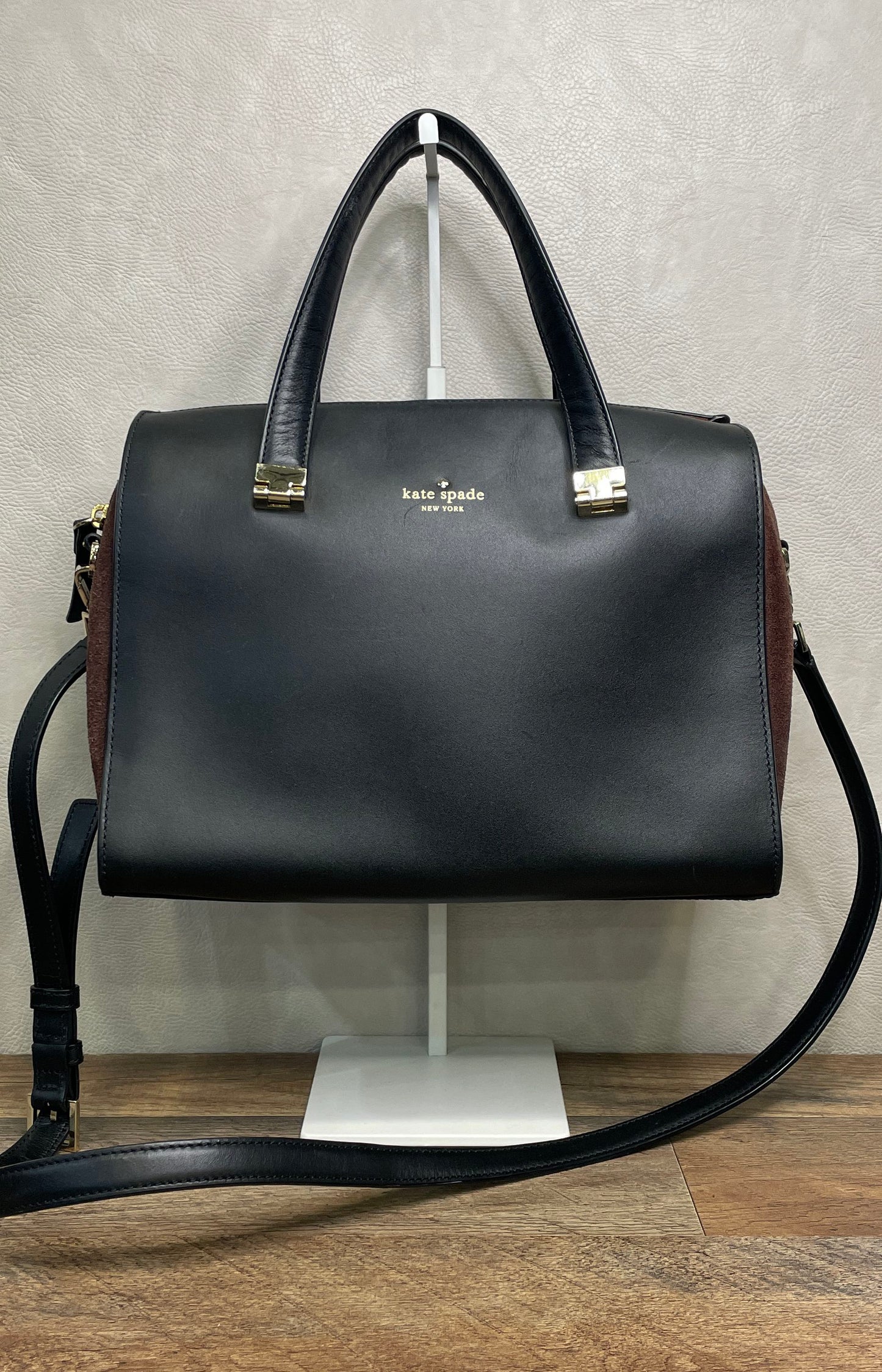 Kate Spade Black Leather Brown Suede Parker Street Allena Satchel Handbag
