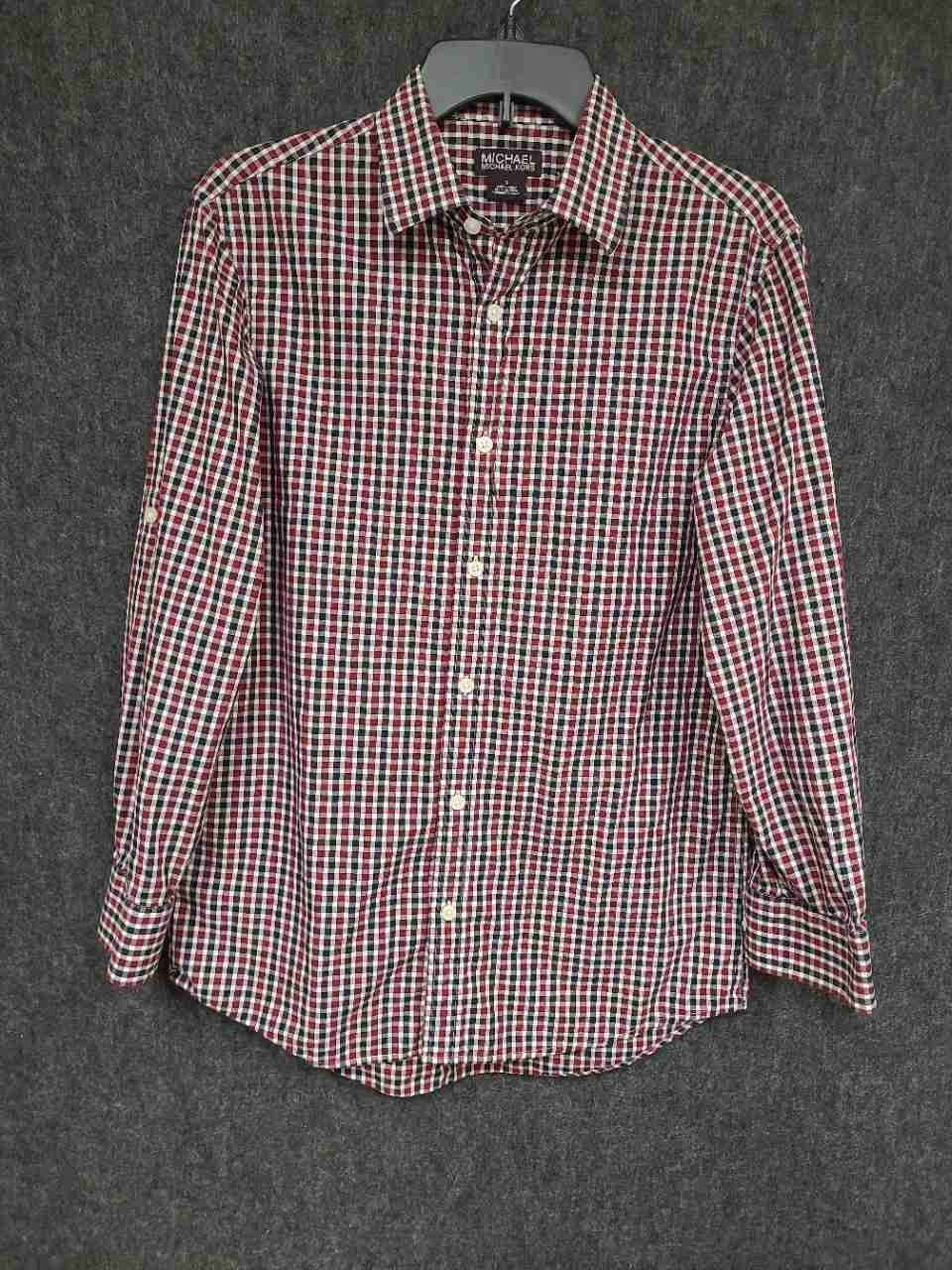 Michael Kors Women's Red Green Plaid Gingham Long Sleeve Roll Tab Shirt Sz S
