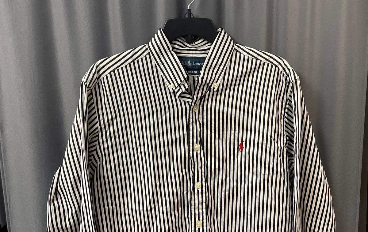 Ralph Lauren Men's Black White Striped Classic Fit Oxford Shirt Sz M