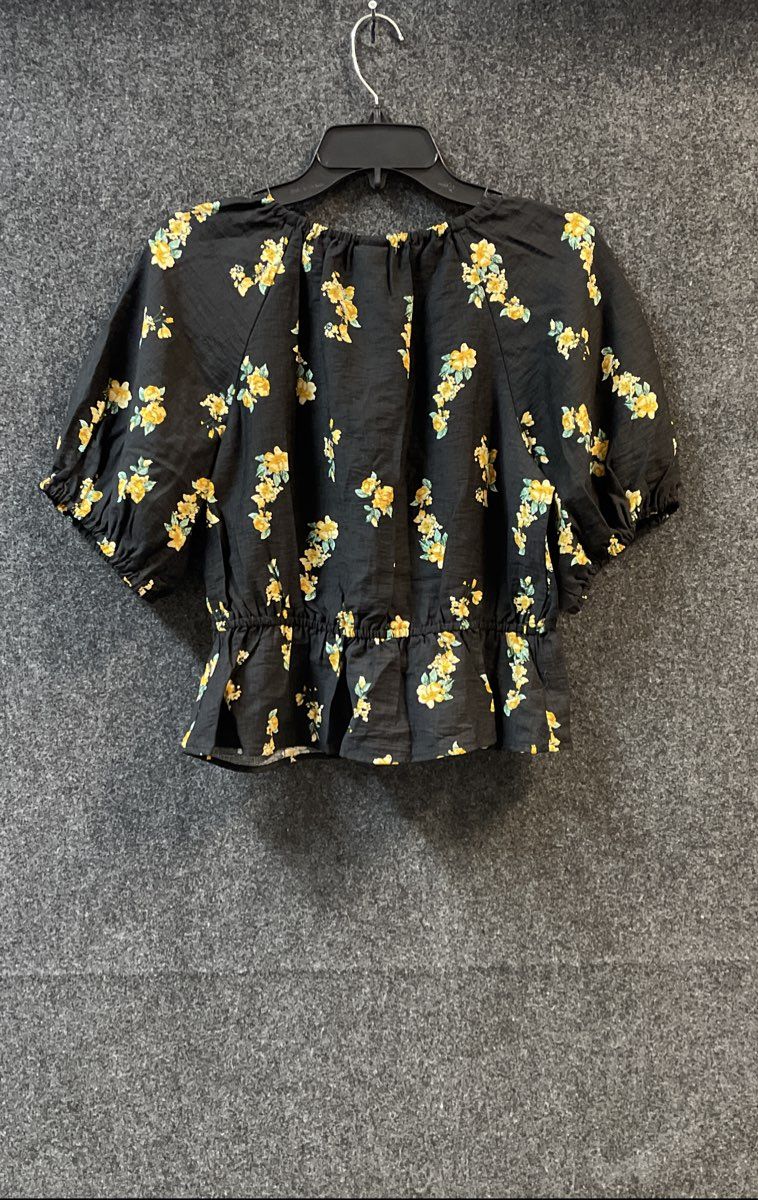 A New Day Women's Black Floral Puff Sleeve Peplum Blouse V-Neck Top NWT Sz S