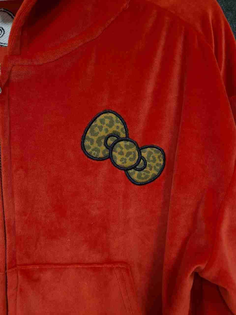 Sanrio Hello Kitty Women's Red Velour Cropped Zip Up Hoodie Leopard Print Sz SM
