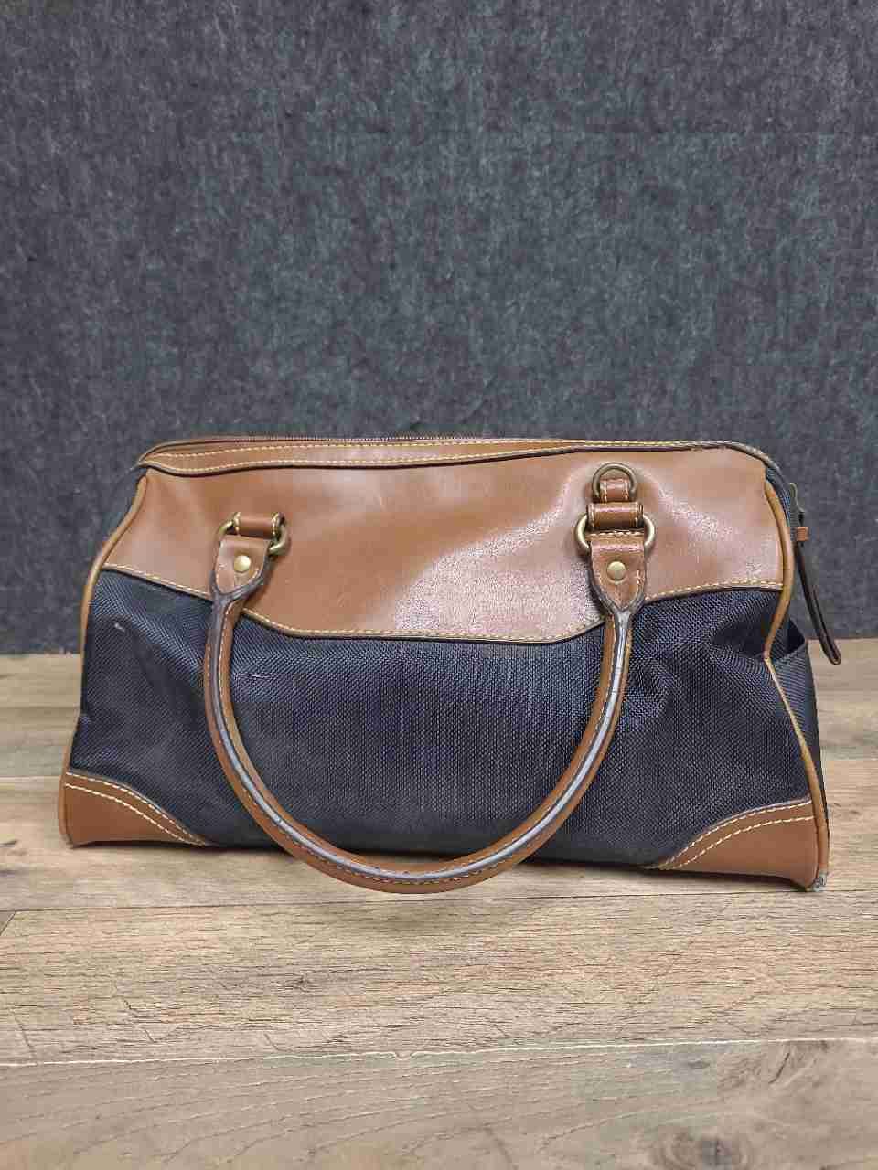 American Living Black Canvas Brown Leather Trim Small Duffle Satchel Bag