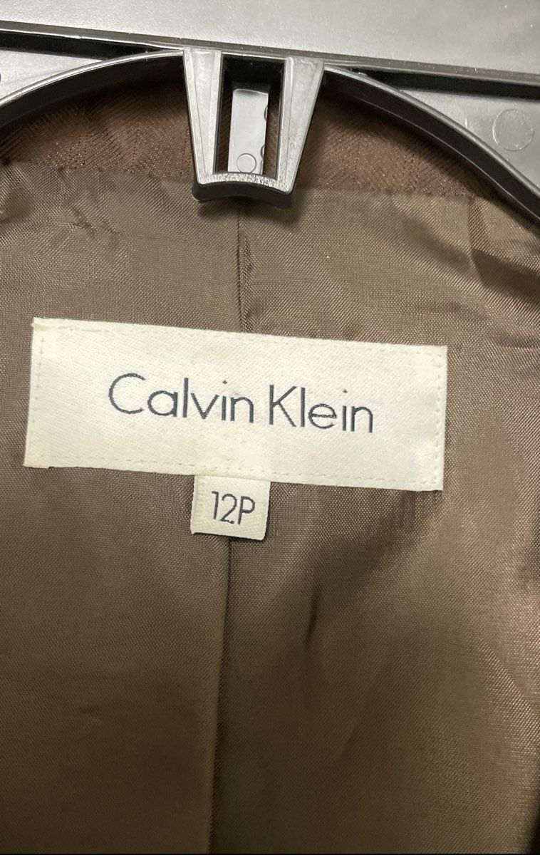 Calvin Klein Women's Brown Herringbone 3-Button Blazer Jacket Petite Sz 12P
