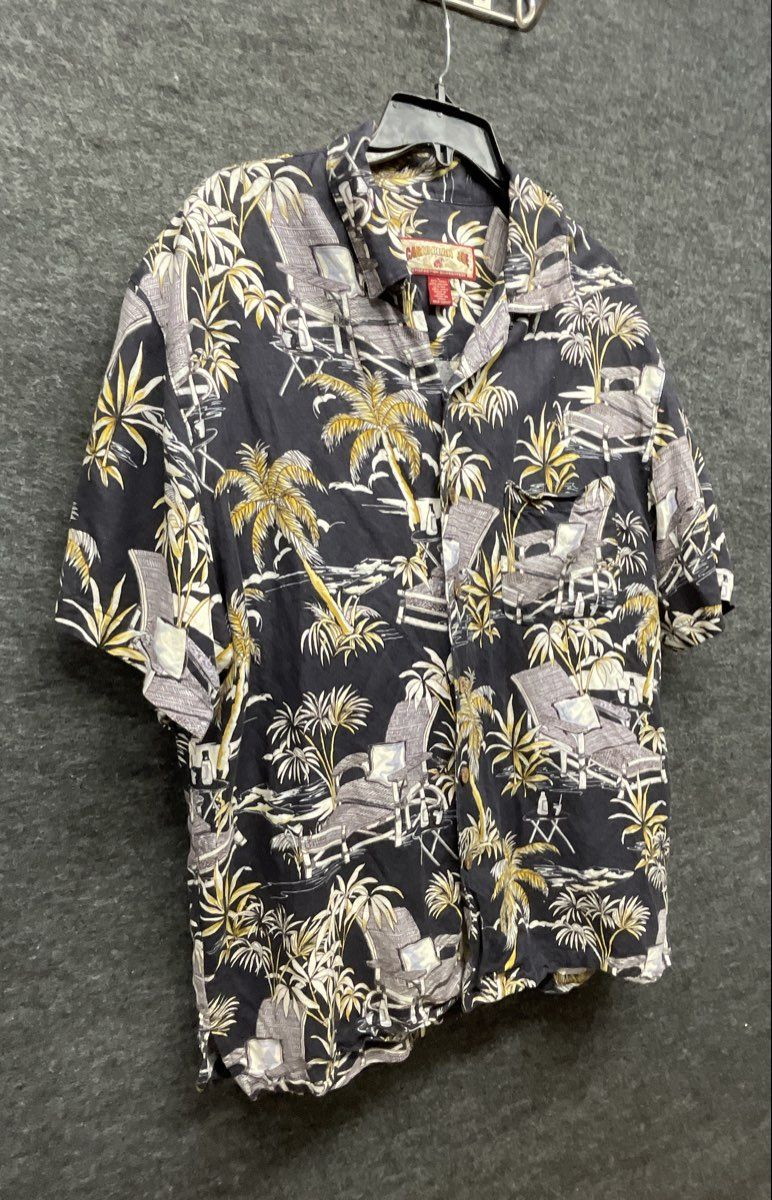 Caribbean Joe Men's Hawaii Shirt Navy Blue Linen Blend Tropical Palm Sz L