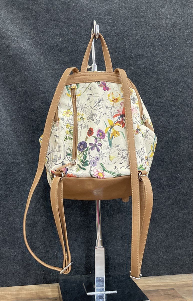 Multisac White Floral Butterfly Leather Mini Backpack Multi-Pocket Purse Bag