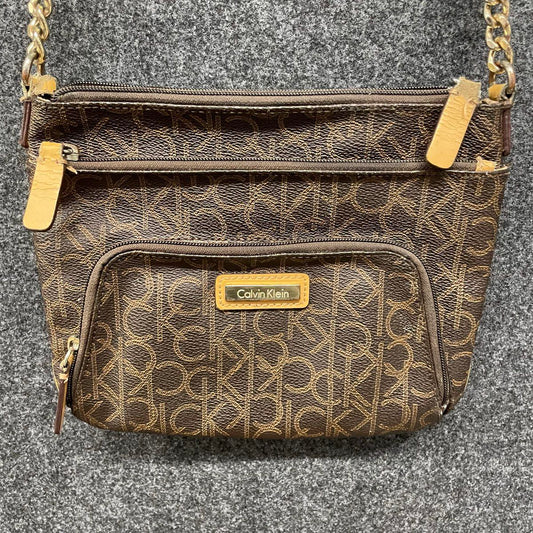 Calvin Klein Brown Tan CK Monogram Crossbody Bag Gold Tone Chain Strap