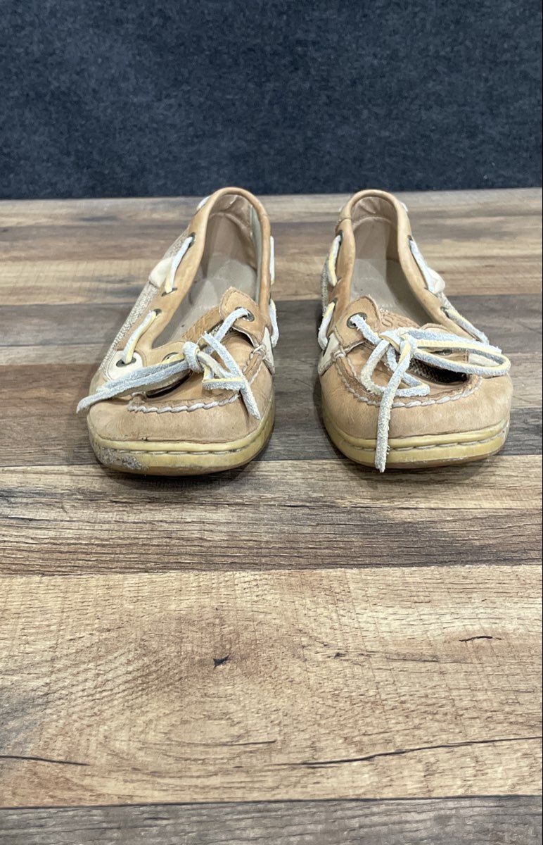 Sperry Angelfish Linen Oat Brown Leather Mesh Boat Shoes Women's Size 7.5