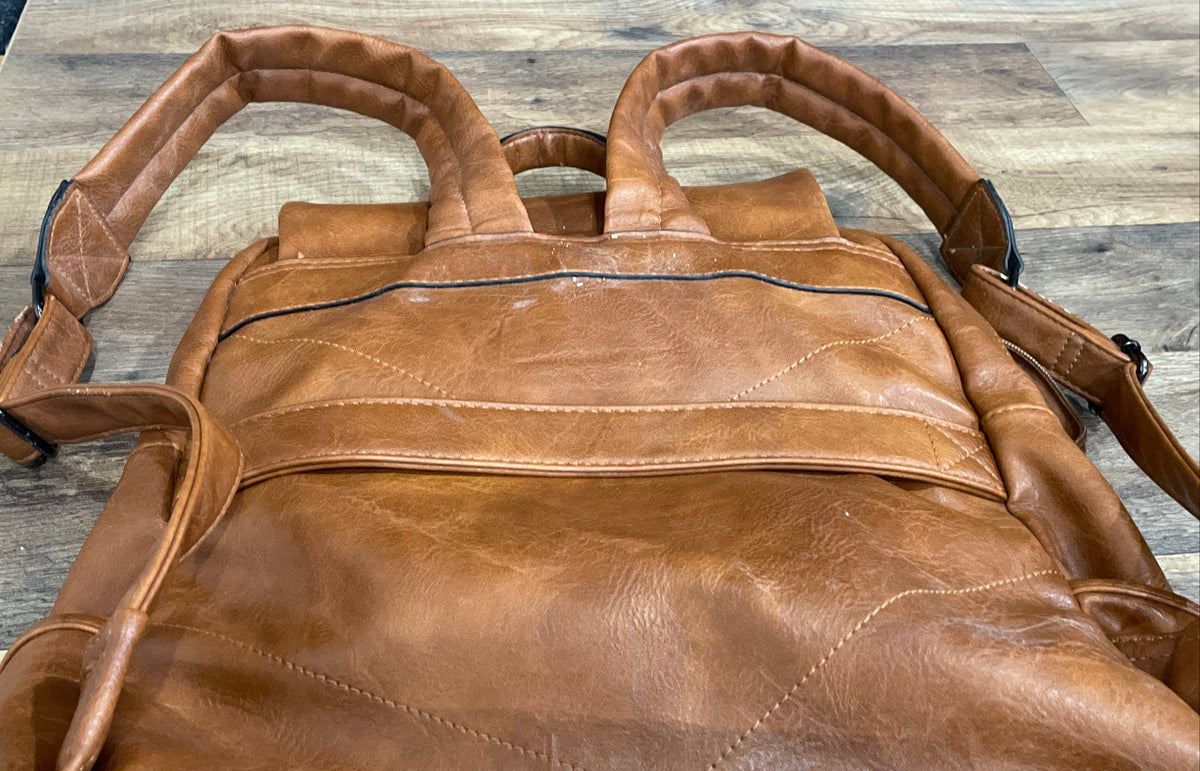 Brown Leather Flap Buckle Backpack Large Laptop Bag Gunmetal Hardware