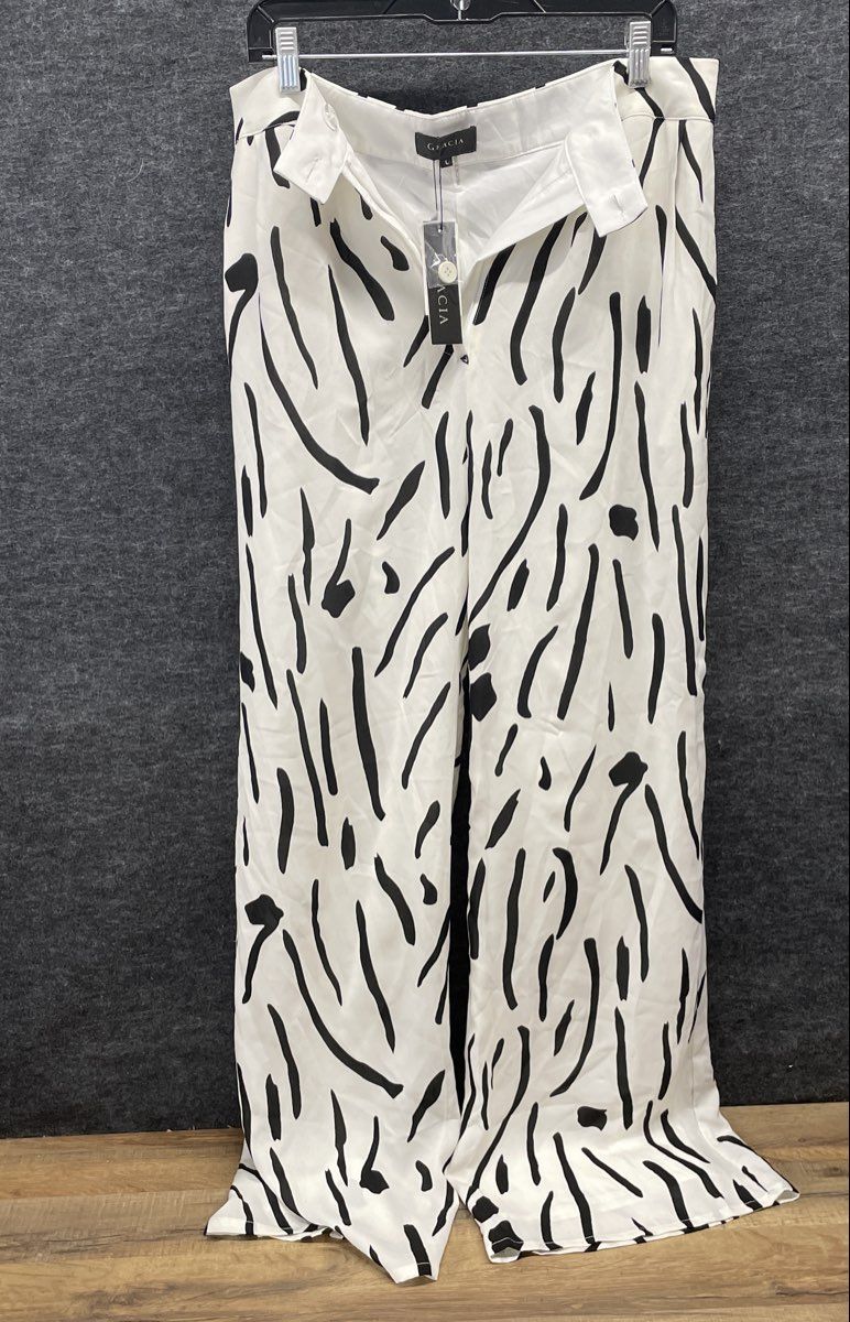 Gracia Women's White Black Abstract Print Wide Leg Pants NWT Sz L
