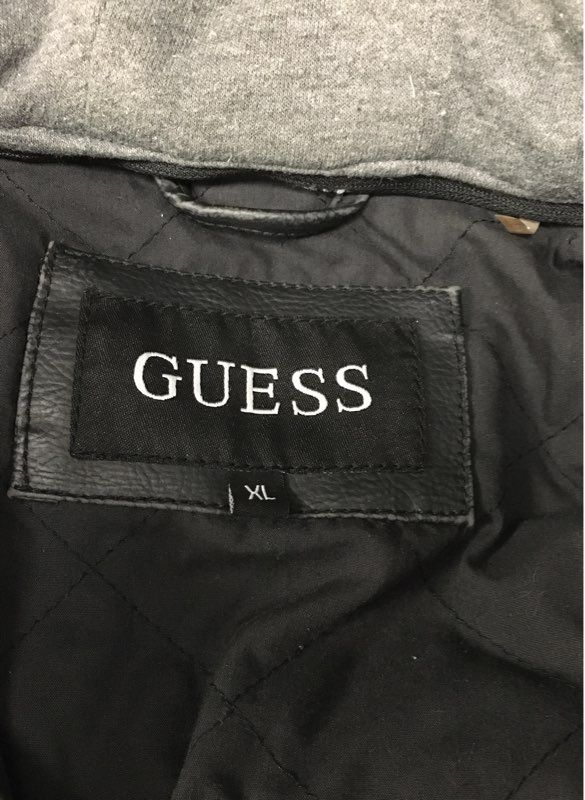 Guess Men's Black Faux Leather Jacket Layered Look Jersey Hood Moto Size XL