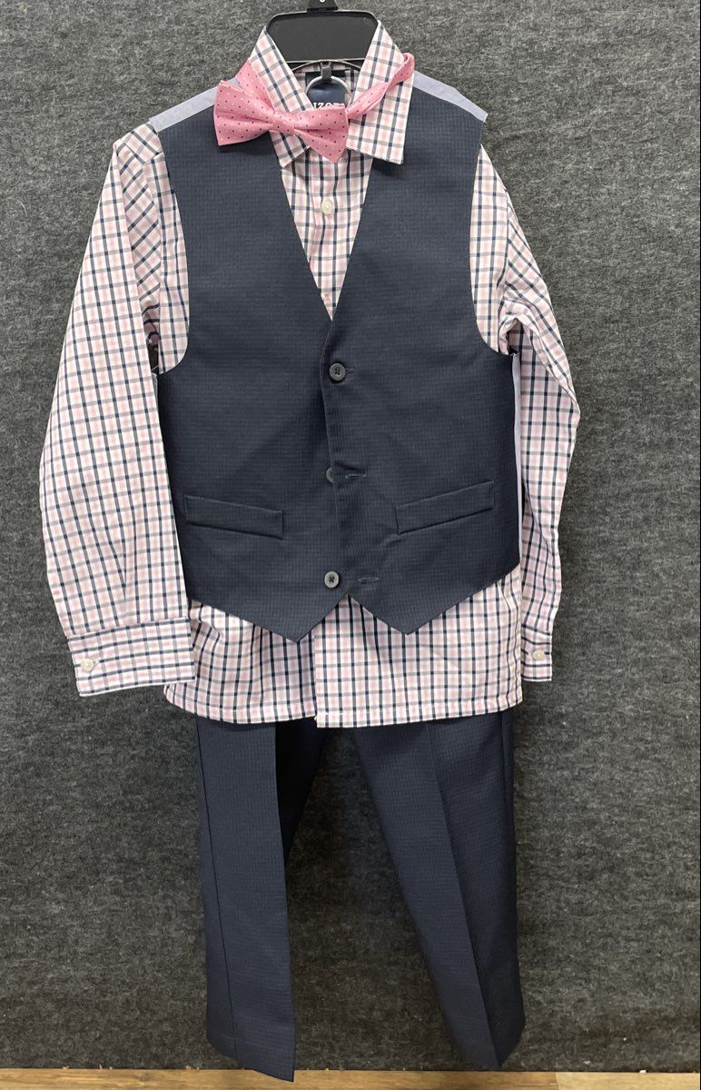 IZOD Boys 4-Piece Suit Set Navy Blue Pink Plaid Shirt Vest Pants Bow Tie Sz 8