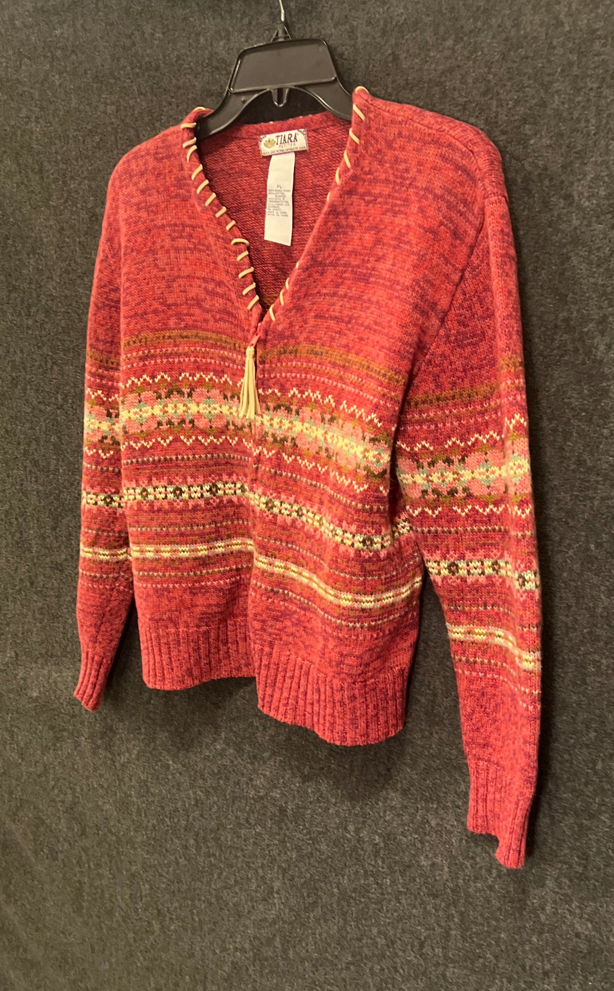 Tiara Petites Women's Red Fair Isle Full Zip Cardigan Sweater Sz PL Vintage Y2K