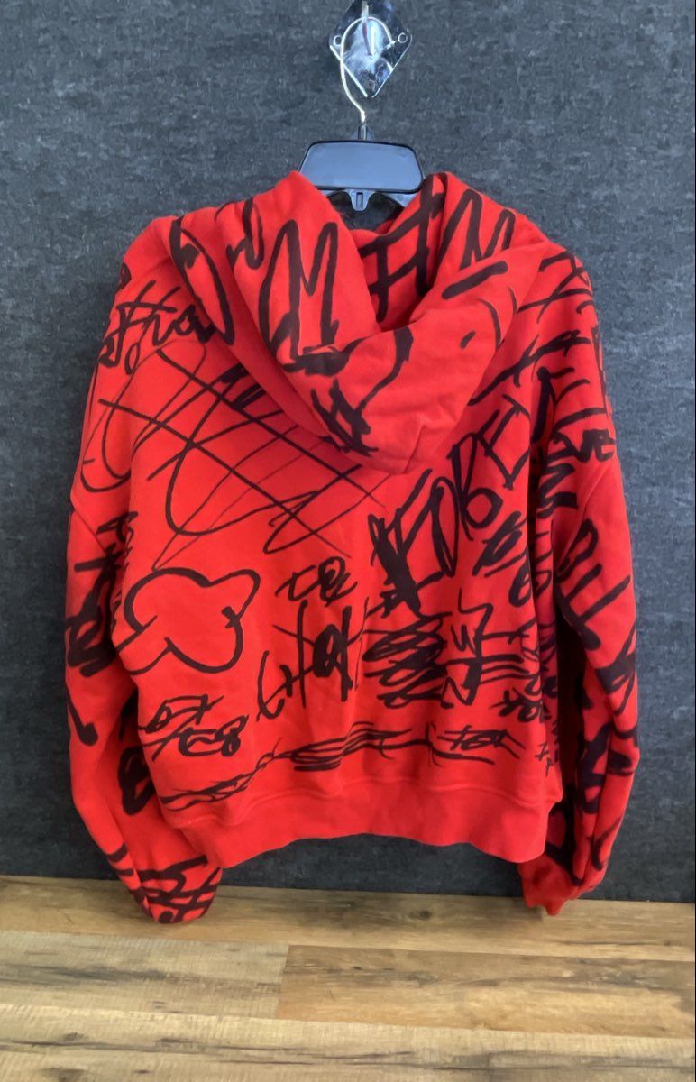 Men's Red Graffiti Graphic Distressed Full Zip Hoodie Sweatshirt Size M