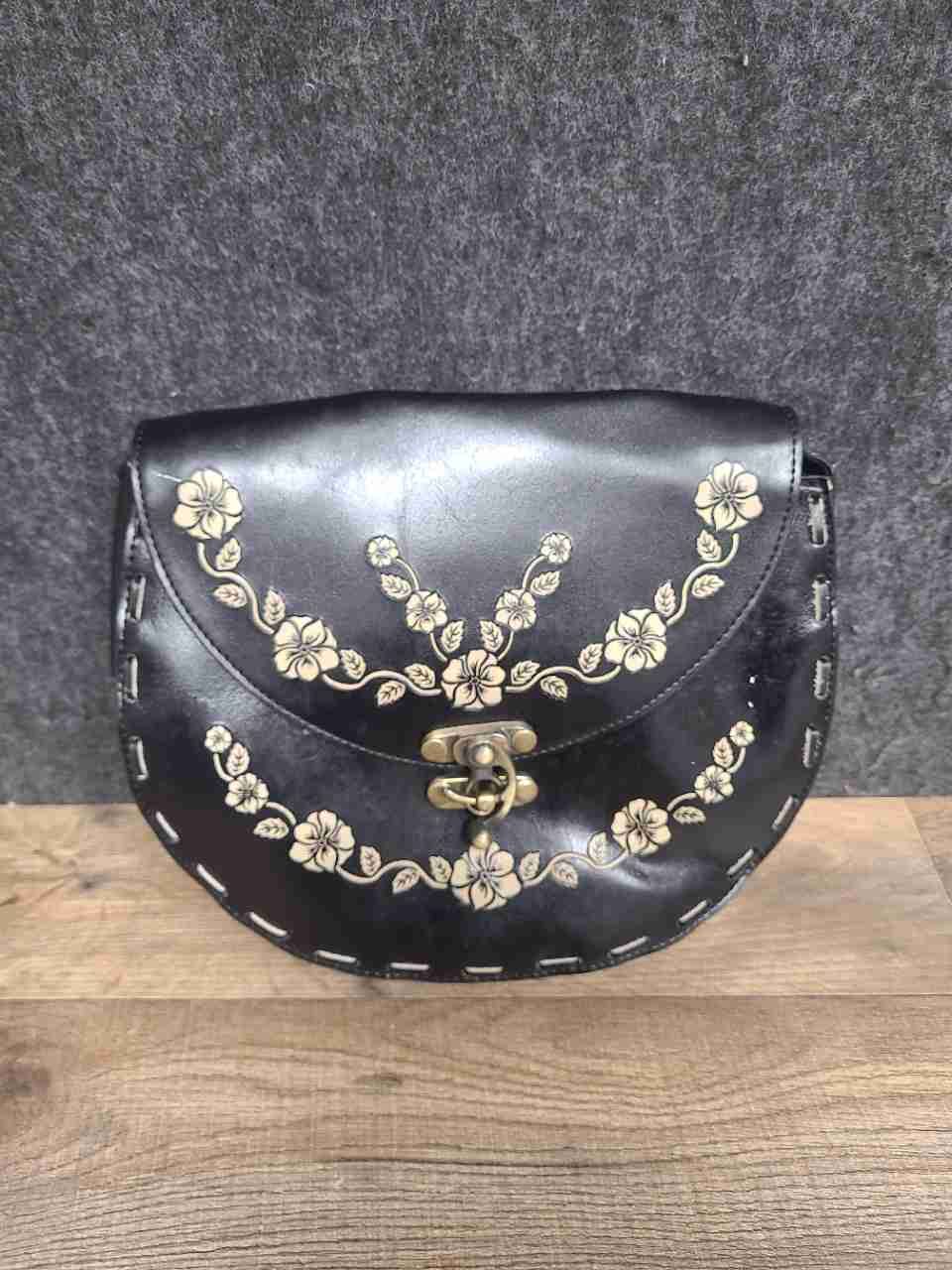 Black Floral Faux Leather Whipstitch Crossbody Saddle Bag Brass Hardware
