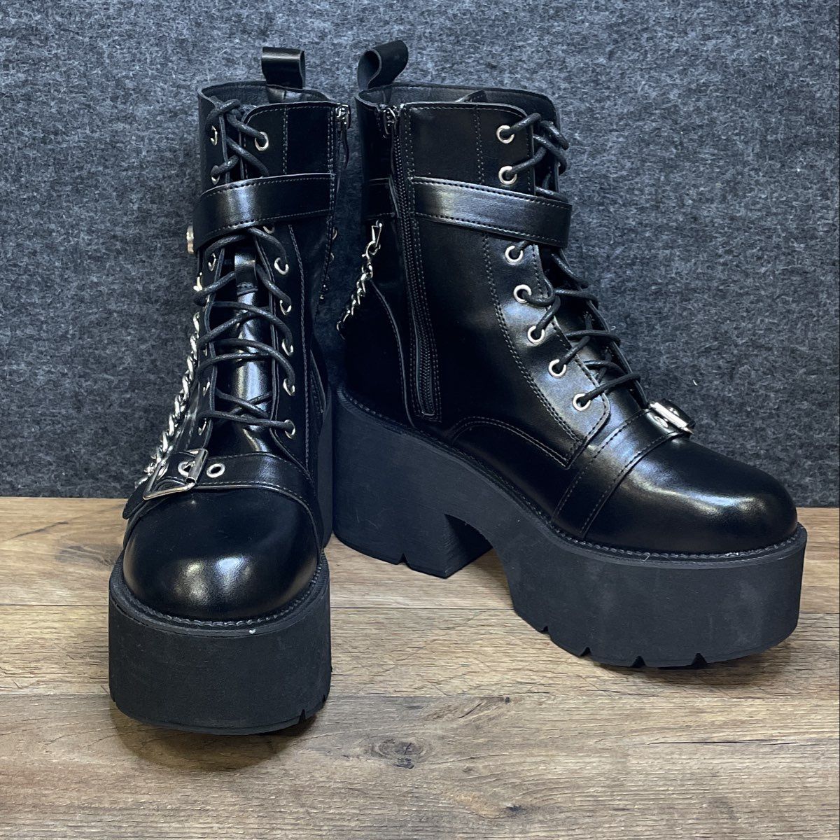 Black Platform Combat Boots Kids Girls Youth Chain Buckle Goth Punk Size Kids