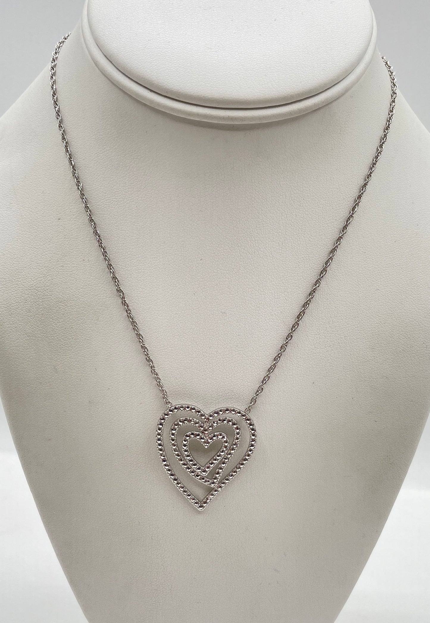 925 Sterling Silver Triple Heart Marcasite Accent Pendant Necklace 8.6g