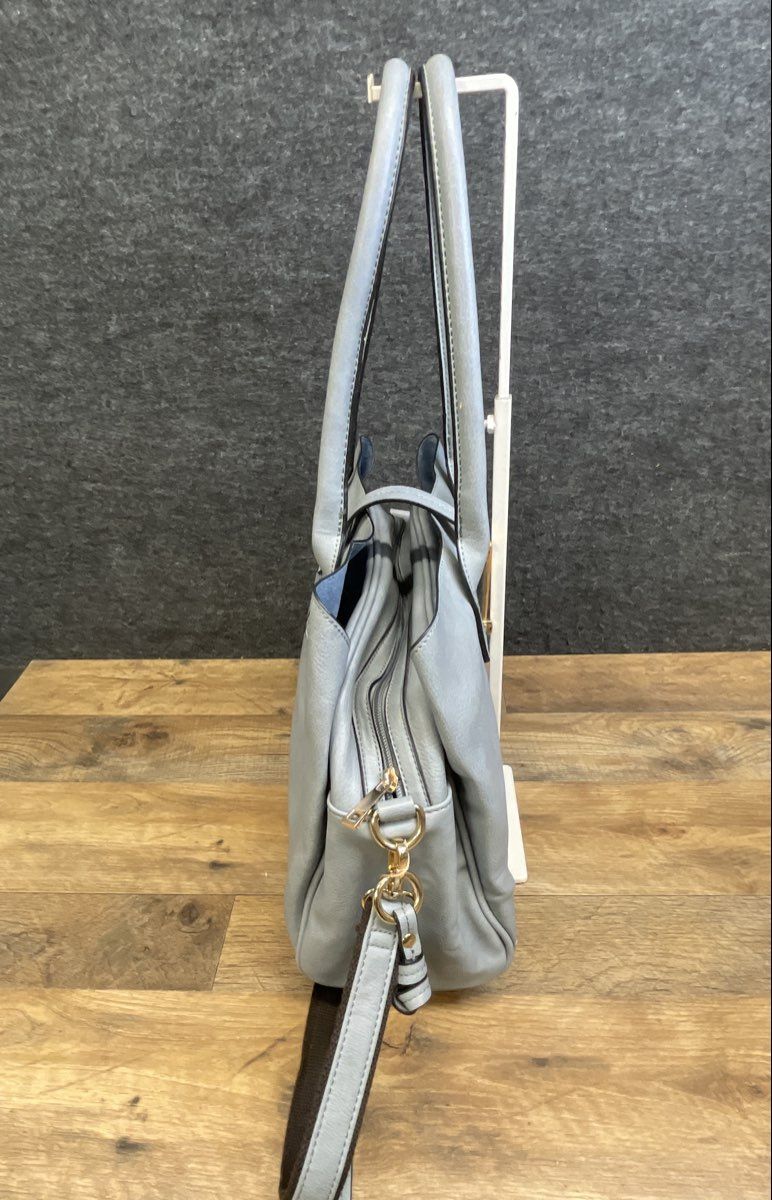 Mellow World Dusty Blue Faux Leather Triple Compartment Tote Bag Gold Hardware