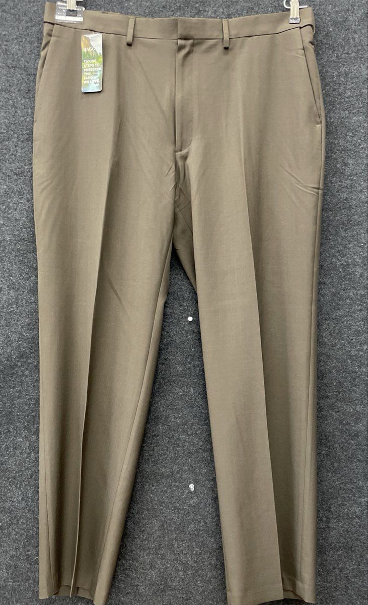 Haggar Men's Premium Comfort Dress Pants Olive Brown Stretch Stria NWT 40x32