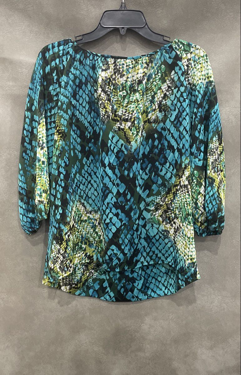 Kim Rogers Women's Blue Teal Tiered Snake Print 3/4 Sleeve Blouse Top Sz M