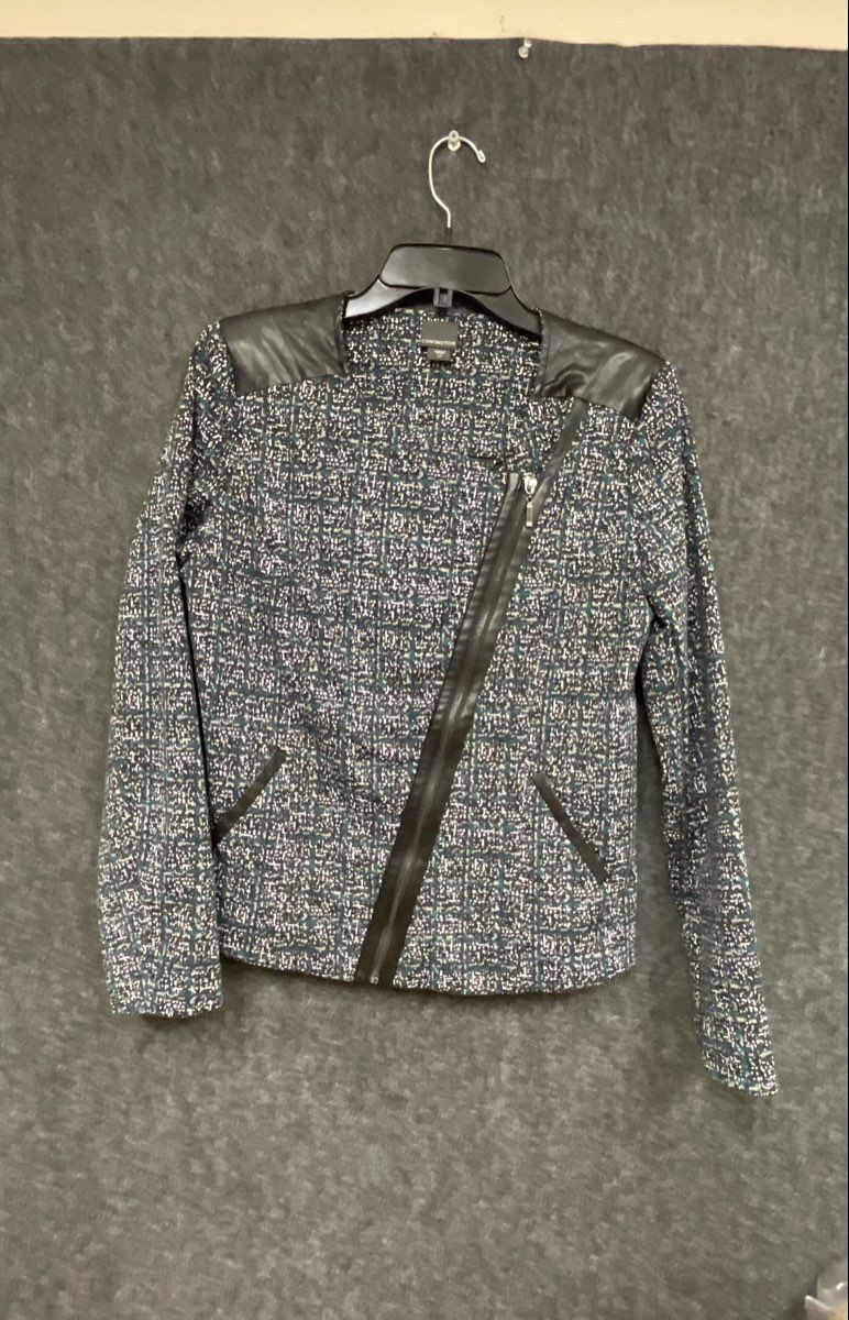 Covington Women's Teal Plaid Asymmetrical Zip Moto Jacket Faux Leather Sz S