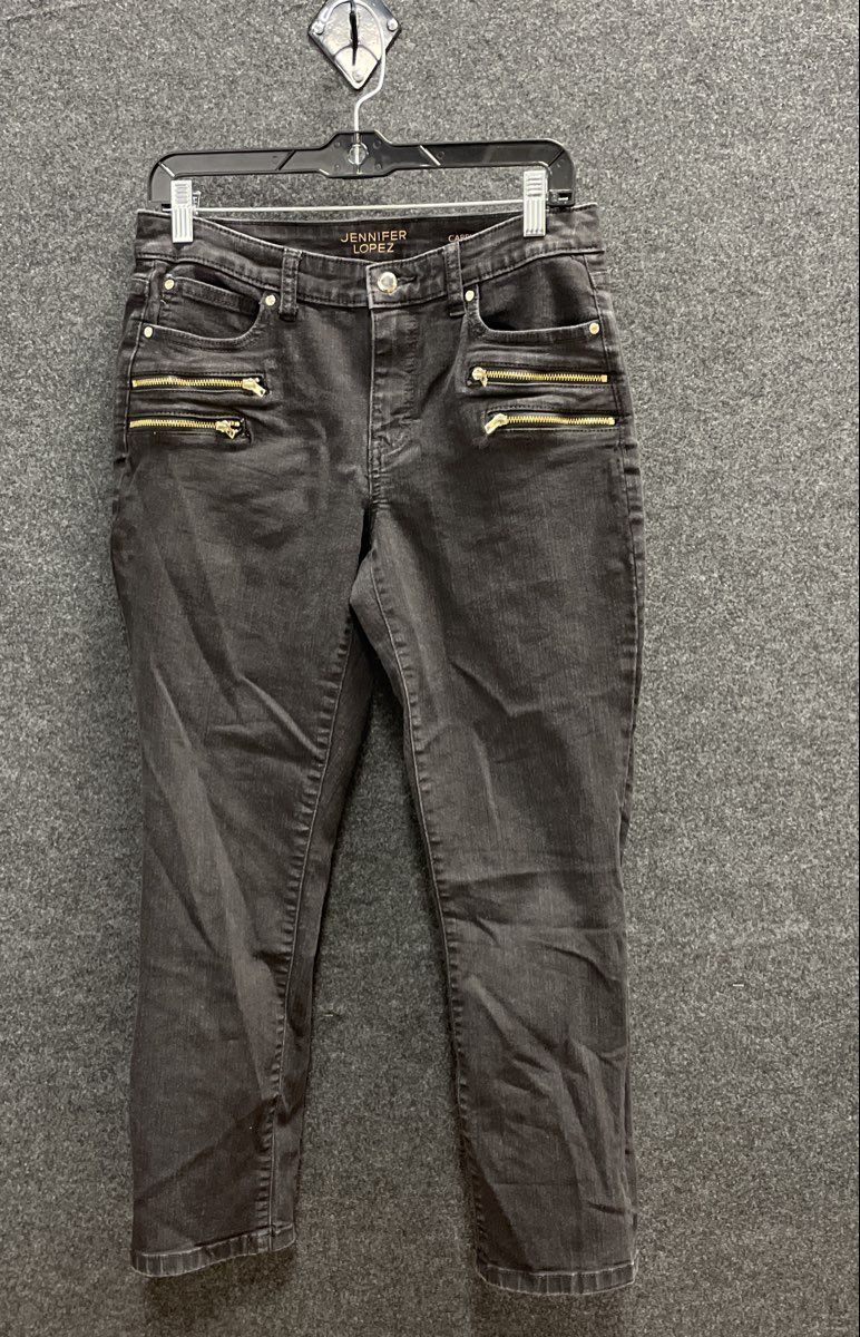 Jennifer Lopez Women's Faded Black Gold Zipper Accents Capri Jeans Sz 8