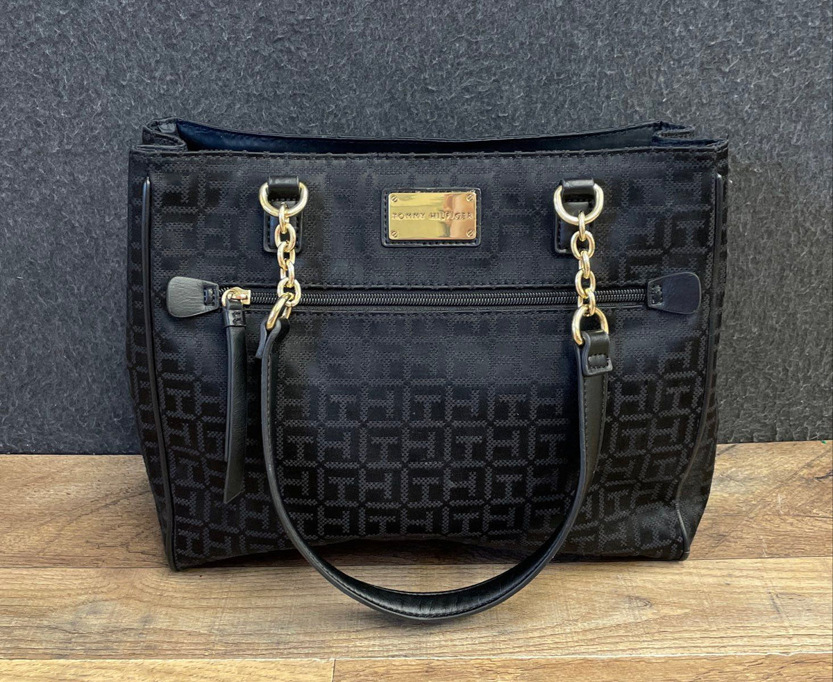 Tommy Hilfiger Black Monogram Jacquard Shoulder Tote Bag Gold Hardware
