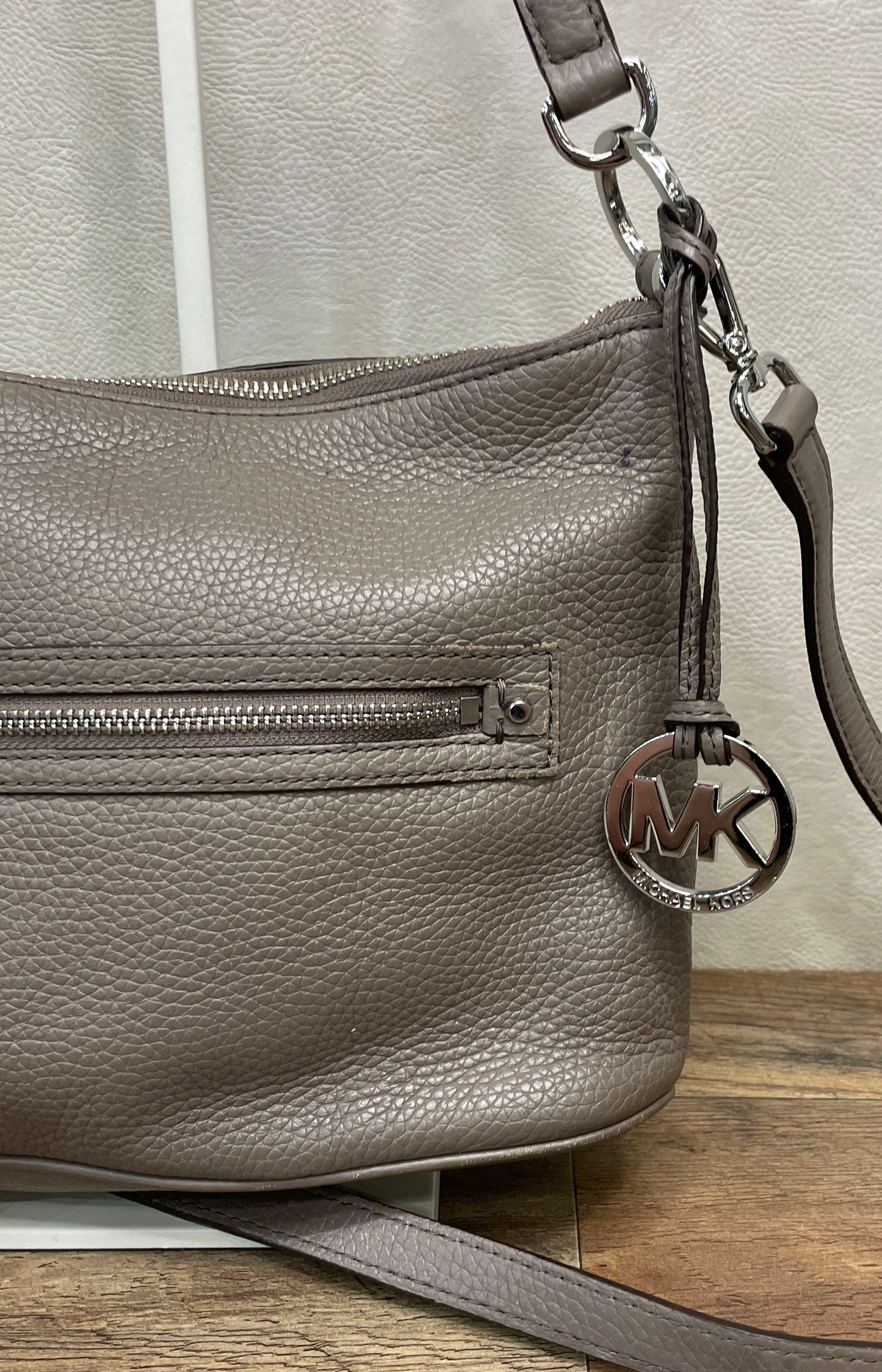 Michael Kors Taupe Pebbled Leather Bedford Crossbody Bag Silver Hardware