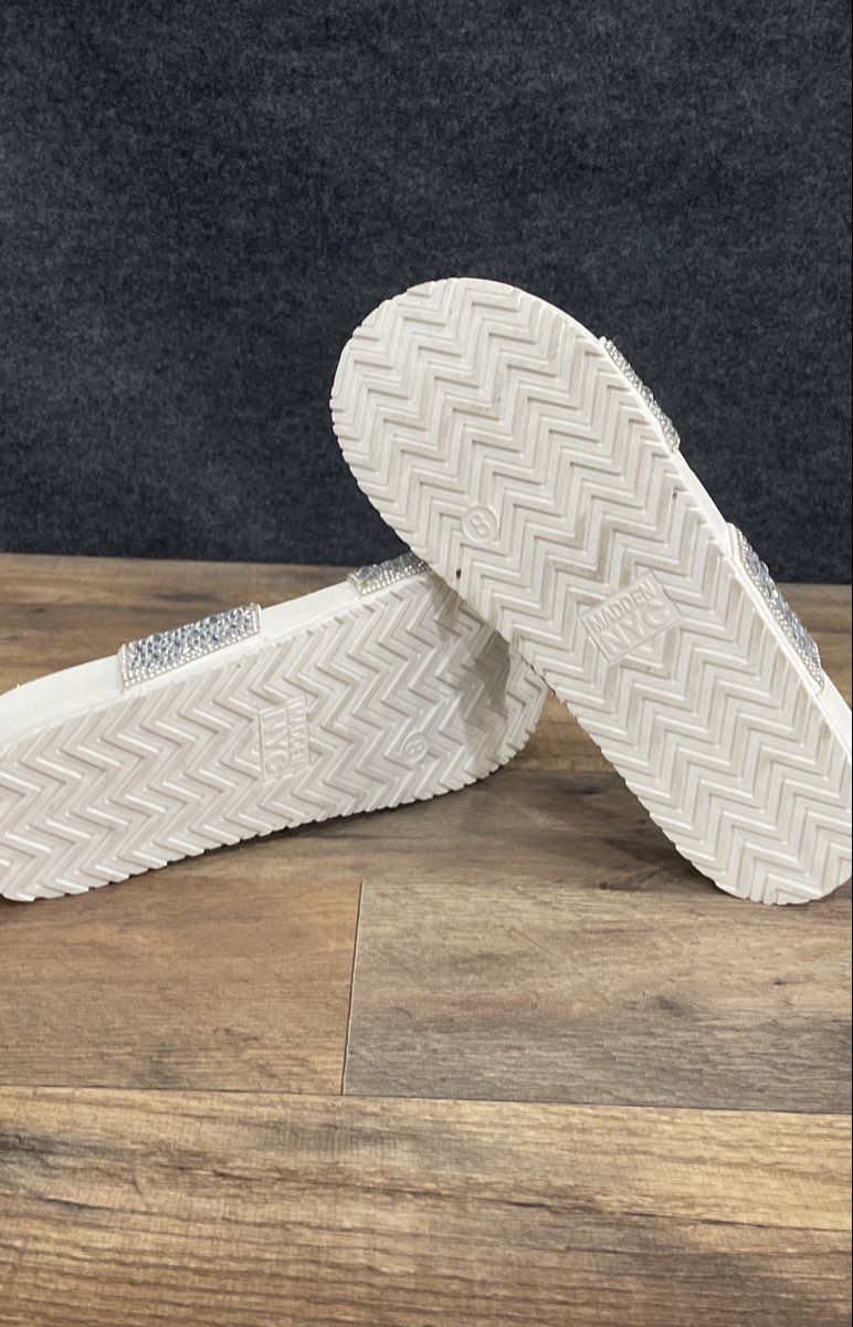 Madden NYC White Rhinestone Double Strap Footbed Slide Sandals Women's Size 8